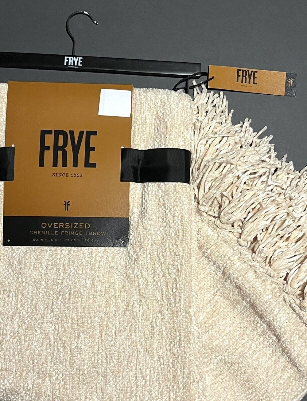 FRYE Throw Blanket Woven Chenille With Fringe Ivory Cream Beige 50 x 70" NWT